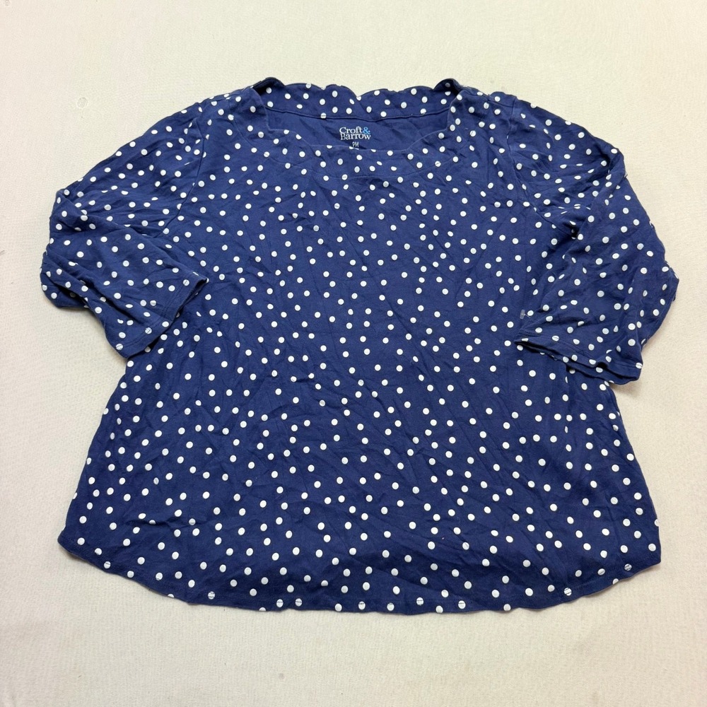 Croft & Barrow Top Women Petite Medium Blue Excellent Polka Dot 3/4 Sleeve